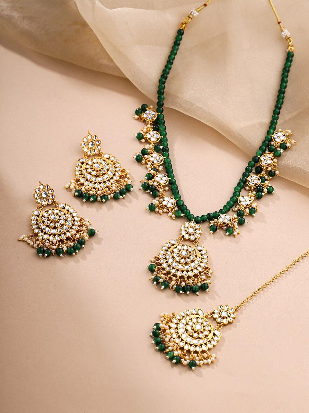 yellow chimes gold-plated kundan studded & artificial beaded jewellery set