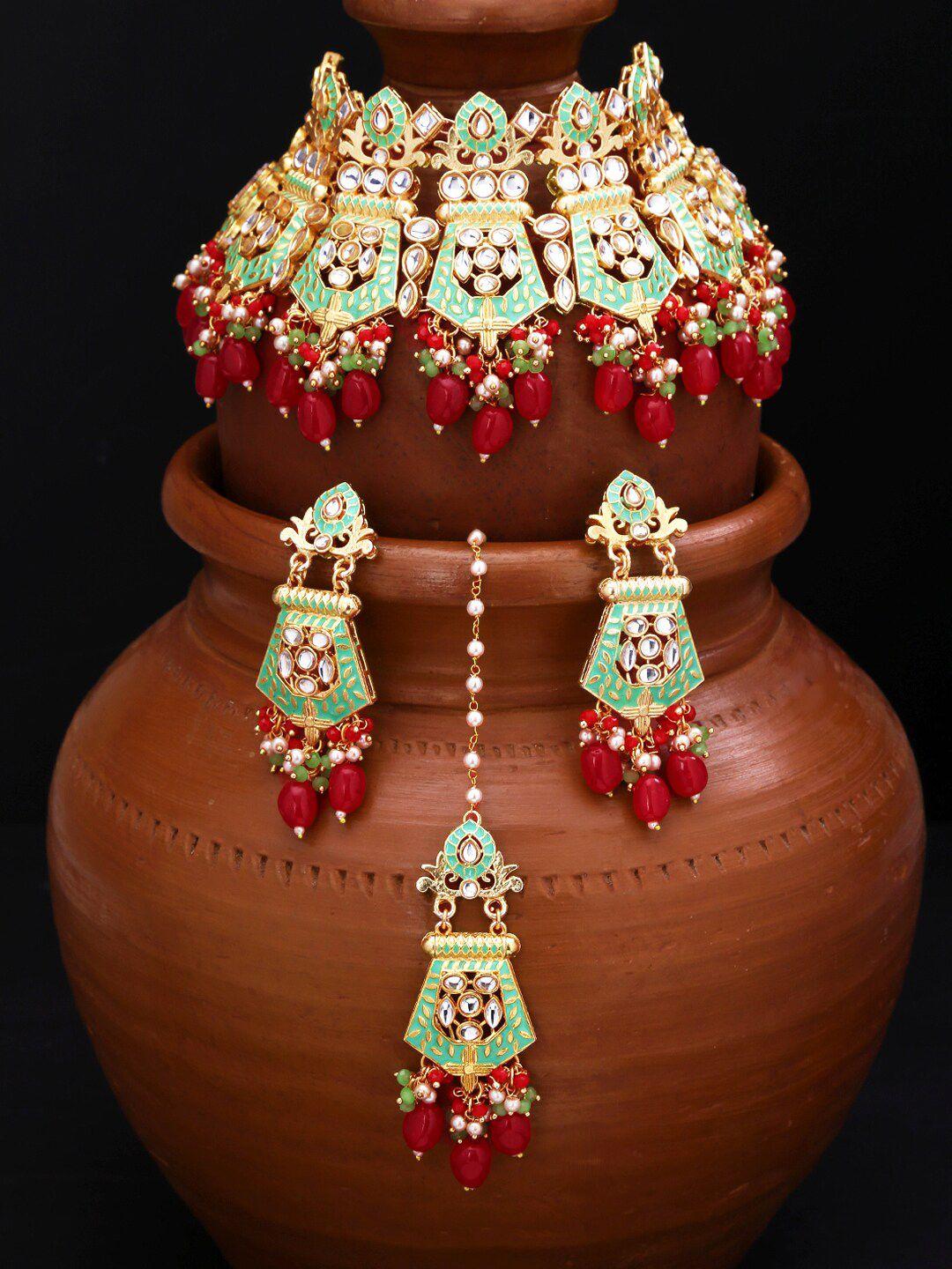 yellow chimes gold-plated kundan-studded & beaded handcrafted meenakari jewellery set