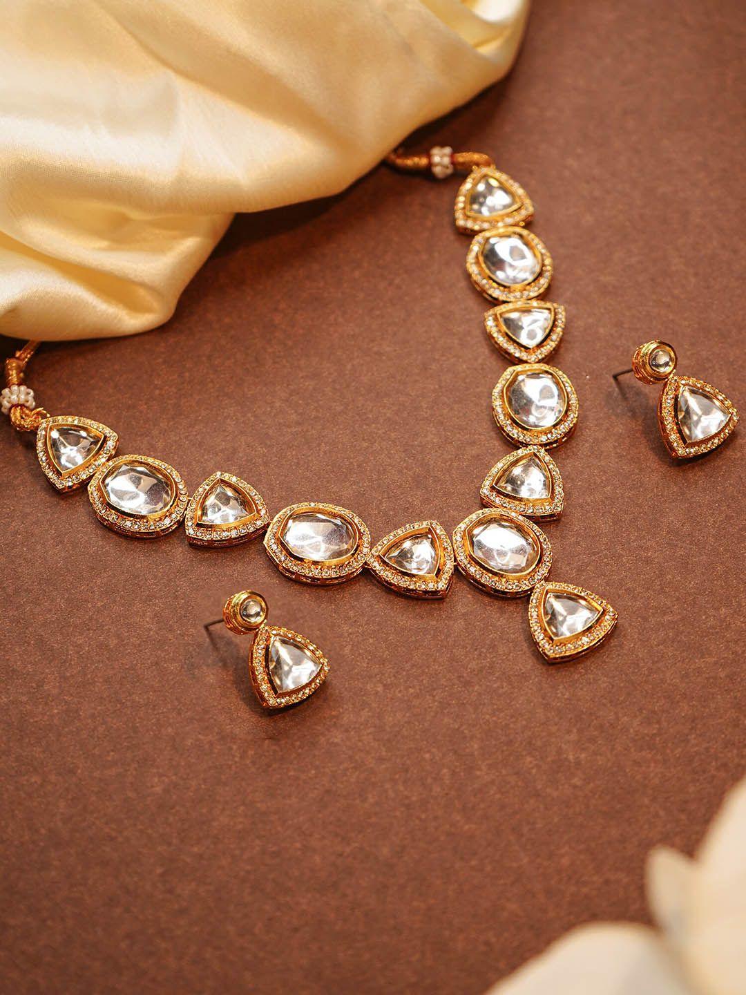 yellow chimes gold-plated kundan-studded jewellery set