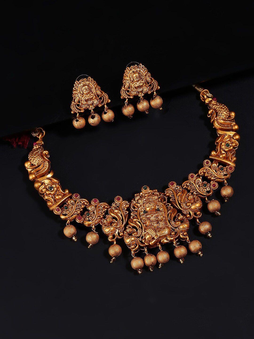 yellow chimes gold-plated red & green stone-studded beaded temple jewellery set