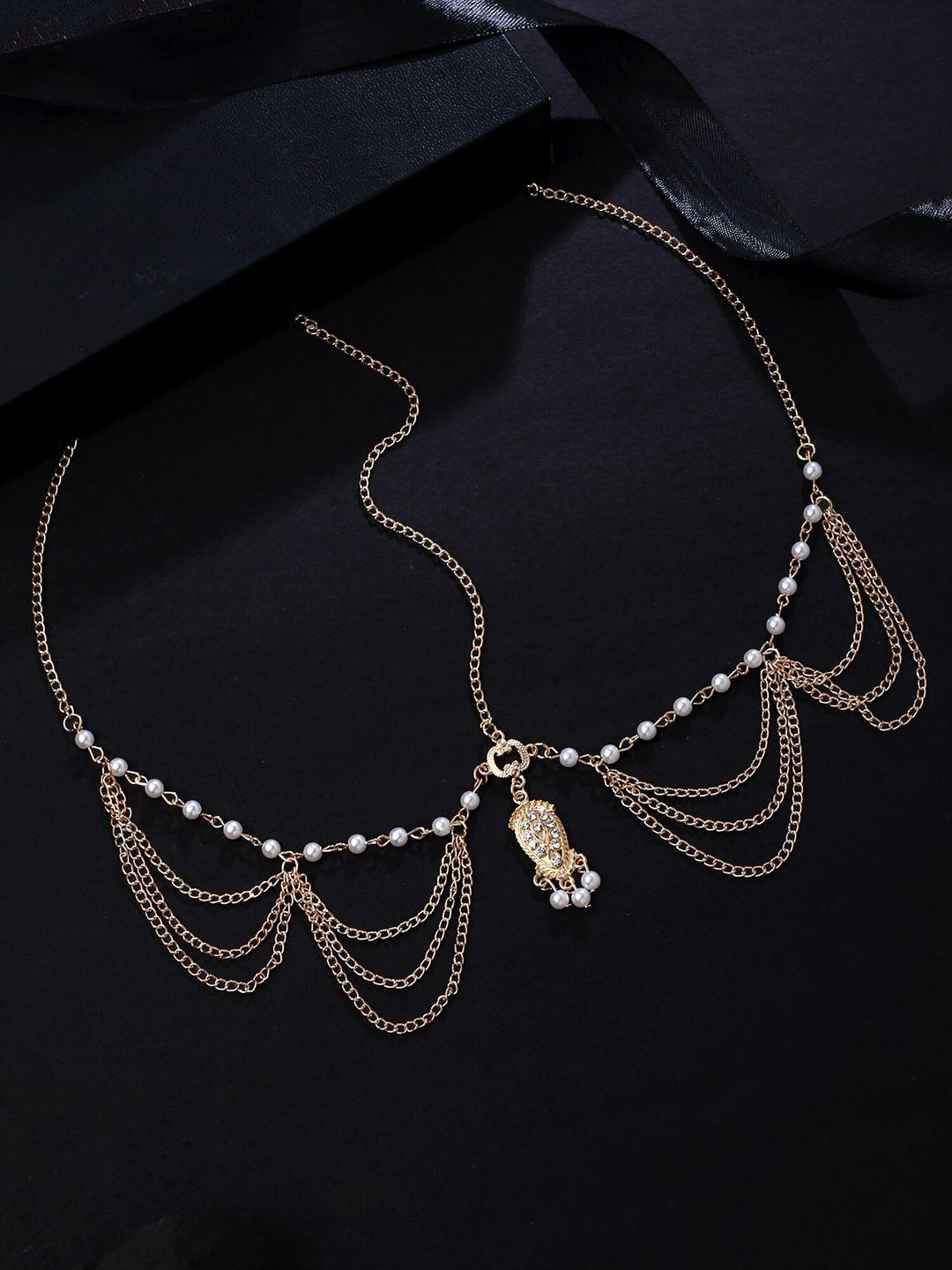 yellow chimes gold-plated stone-studded & pearl beaded layered head chain