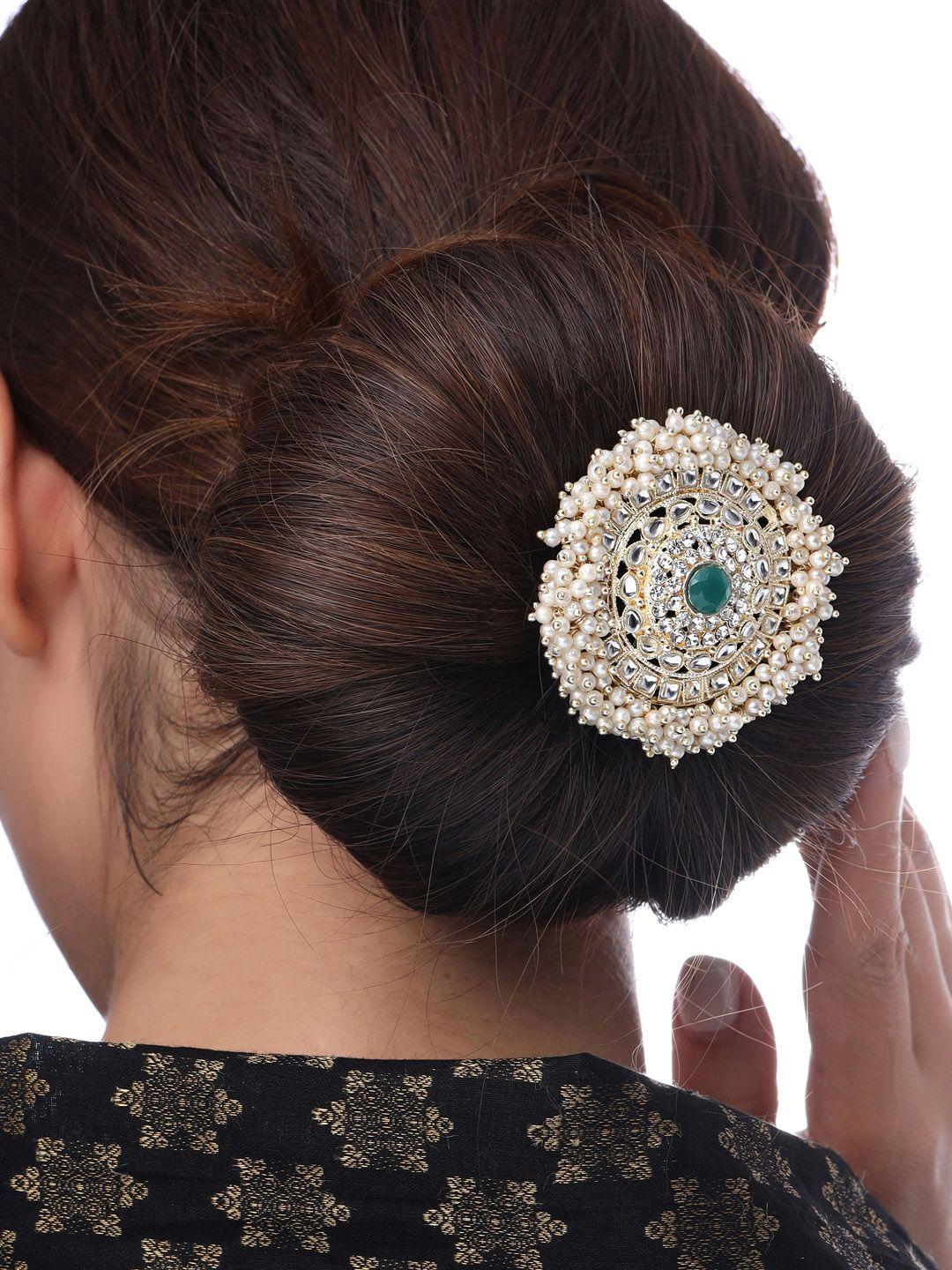 yellow chimes gold-plated white & green kundan-studded bun pin