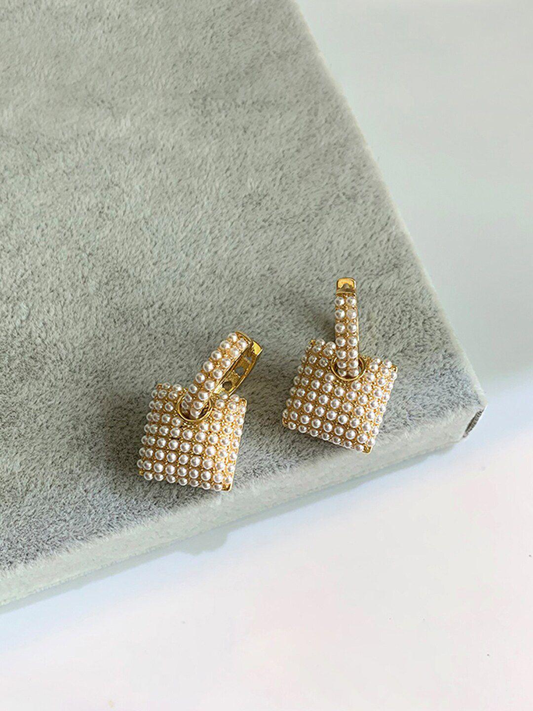 yellow chimes gold tone rectangular pearl beaded stud earrings