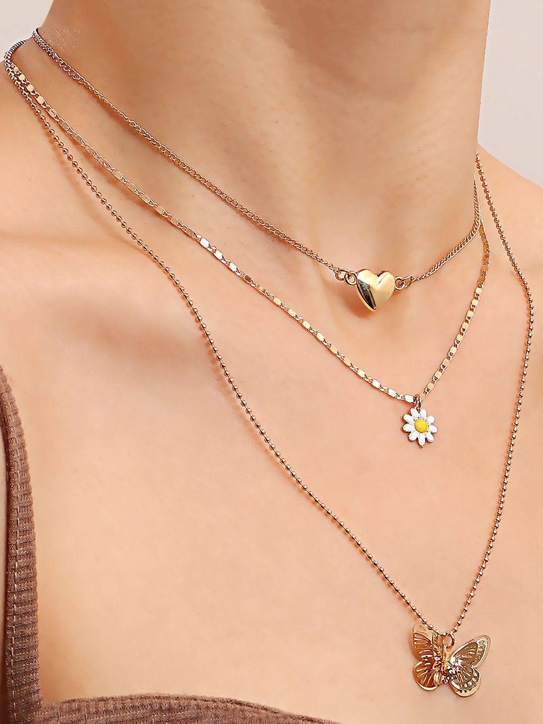 yellow chimes gold toned heart shape flower diasy butterfly charm multi layered neckchain