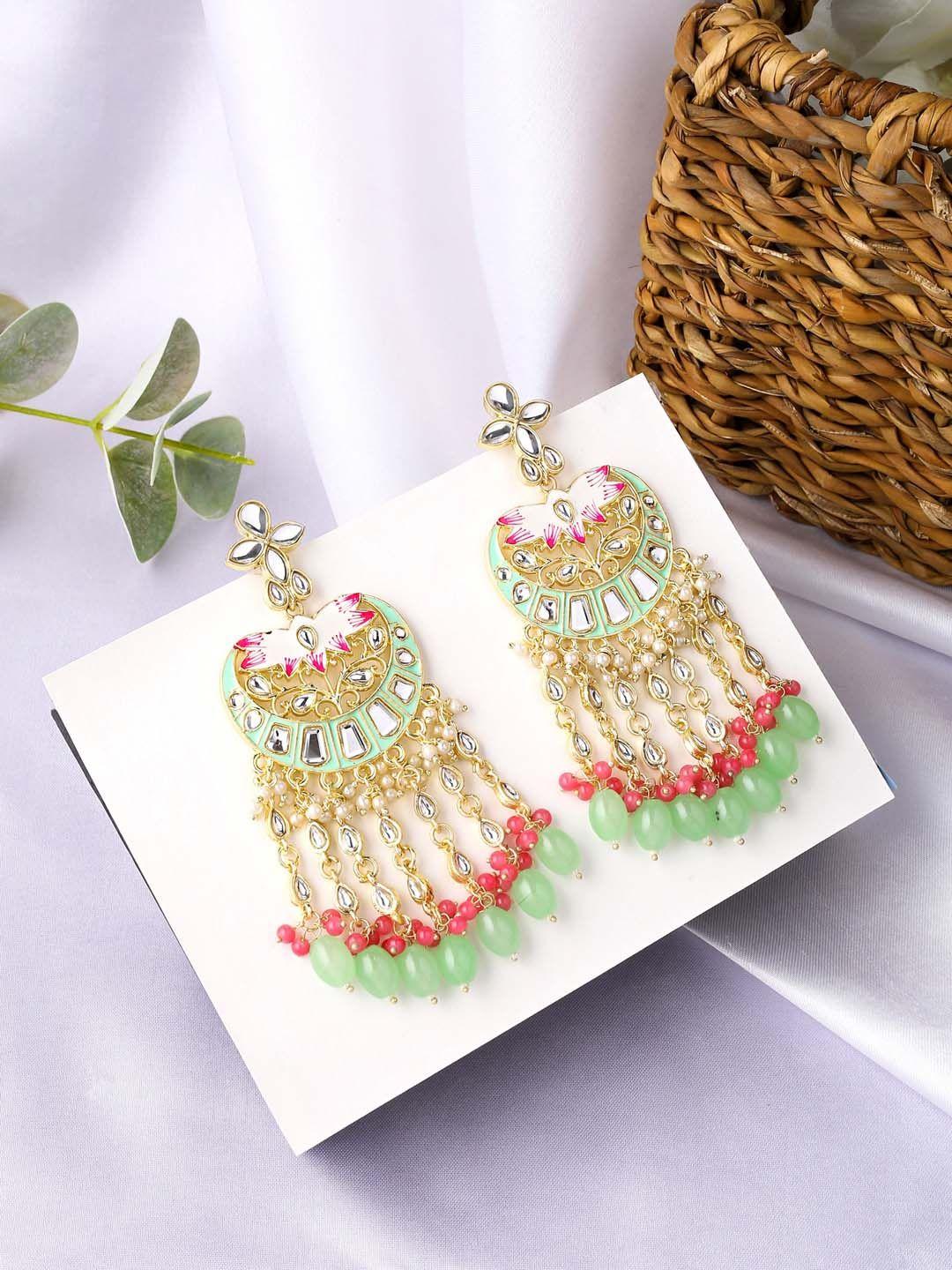 yellow chimes green & gold toned kundan studded green beads long dangler earrings