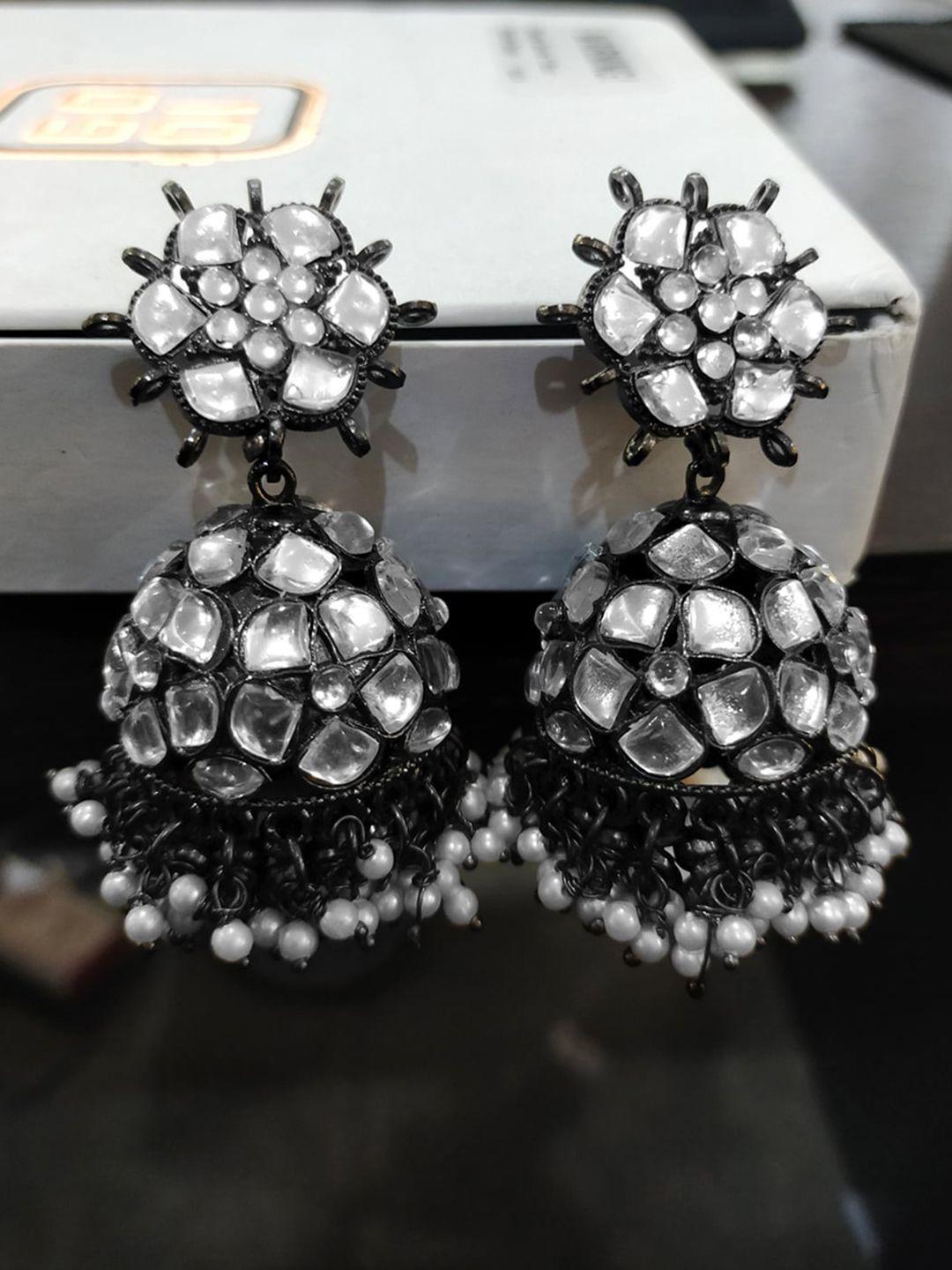 yellow chimes gunmetal-toned stone studded oxidised dome shaped jhumkas