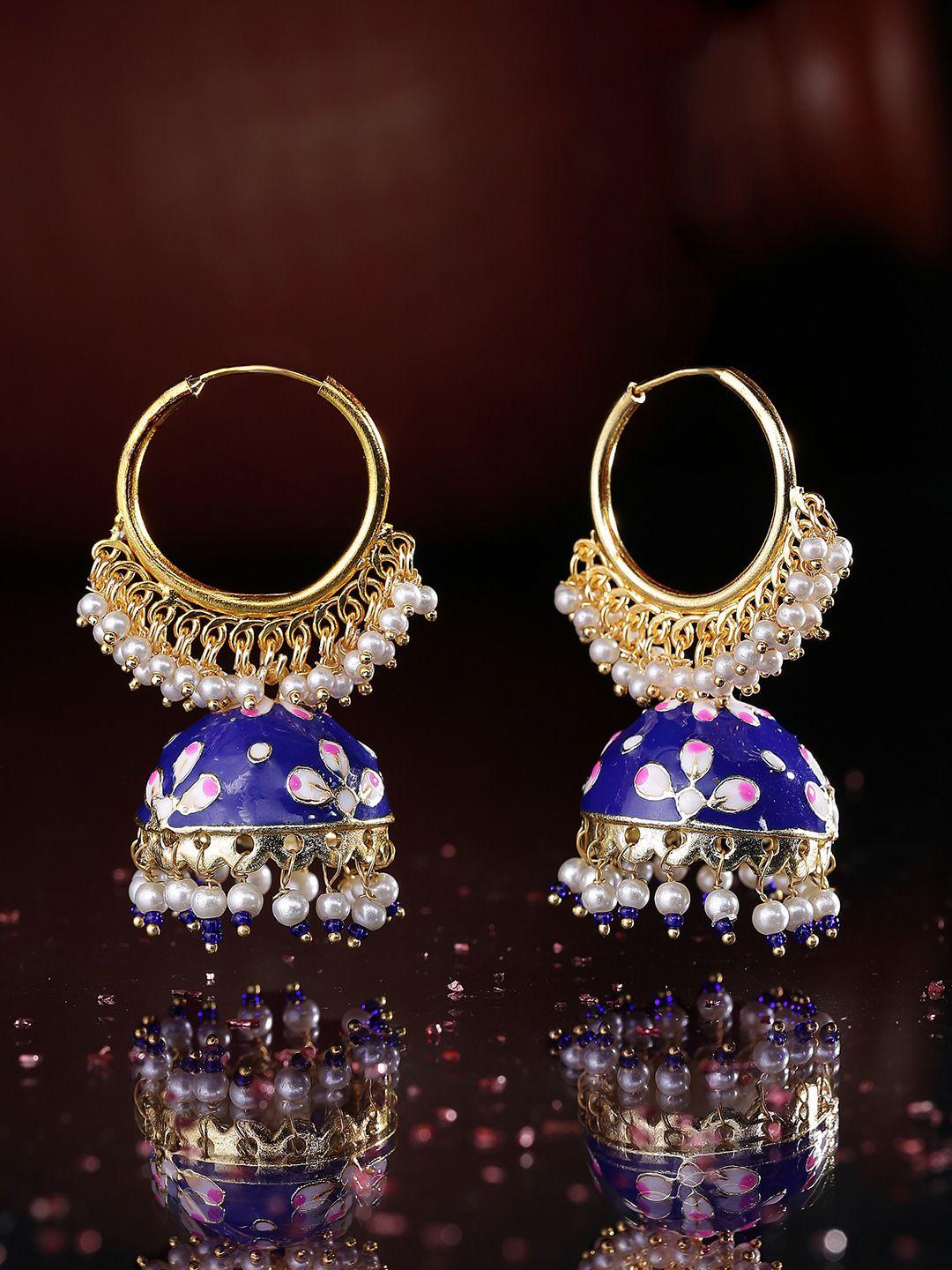 yellow chimes navy blue & gold-toned meenakari floral jhumkas