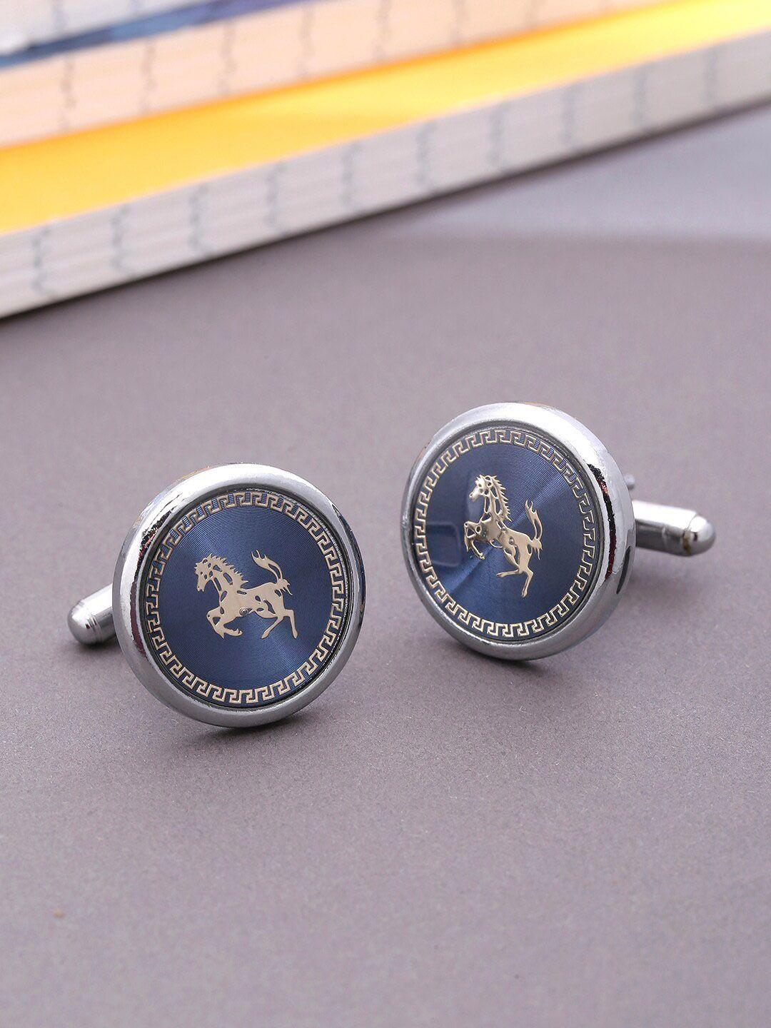 yellow chimes navy blue & silver-toned round cufflinks