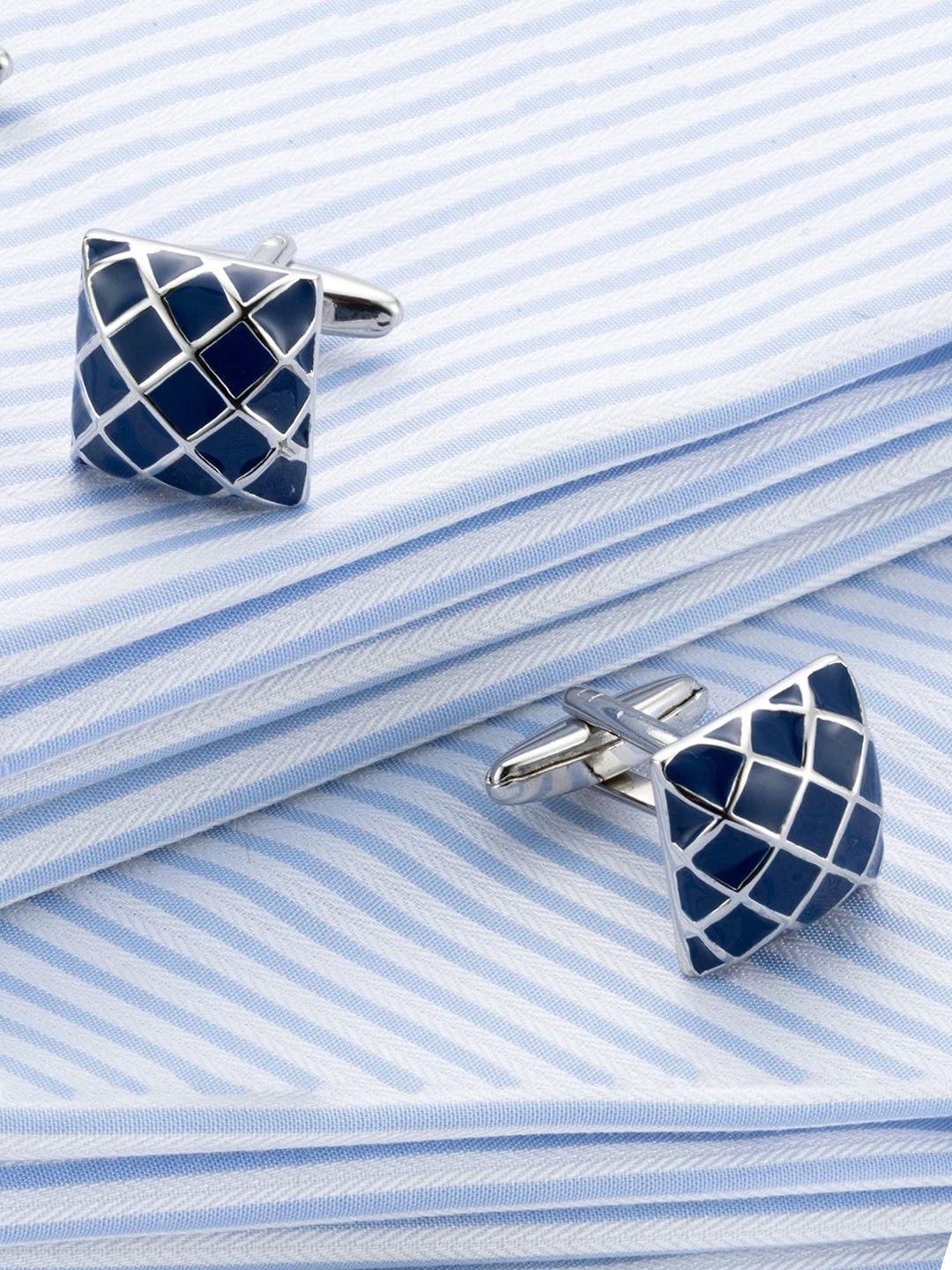 yellow chimes navy blue & silver-toned square cufflinks