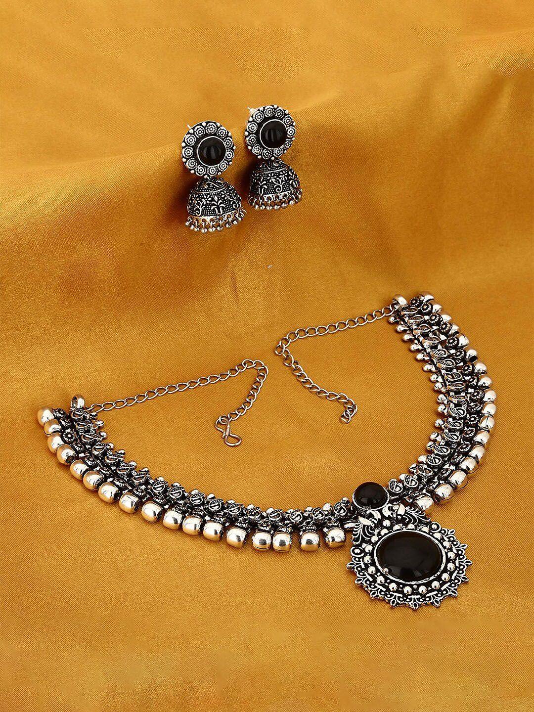 yellow chimes oxidised silver-plated & black stone-studded kolhapuri jewellery set