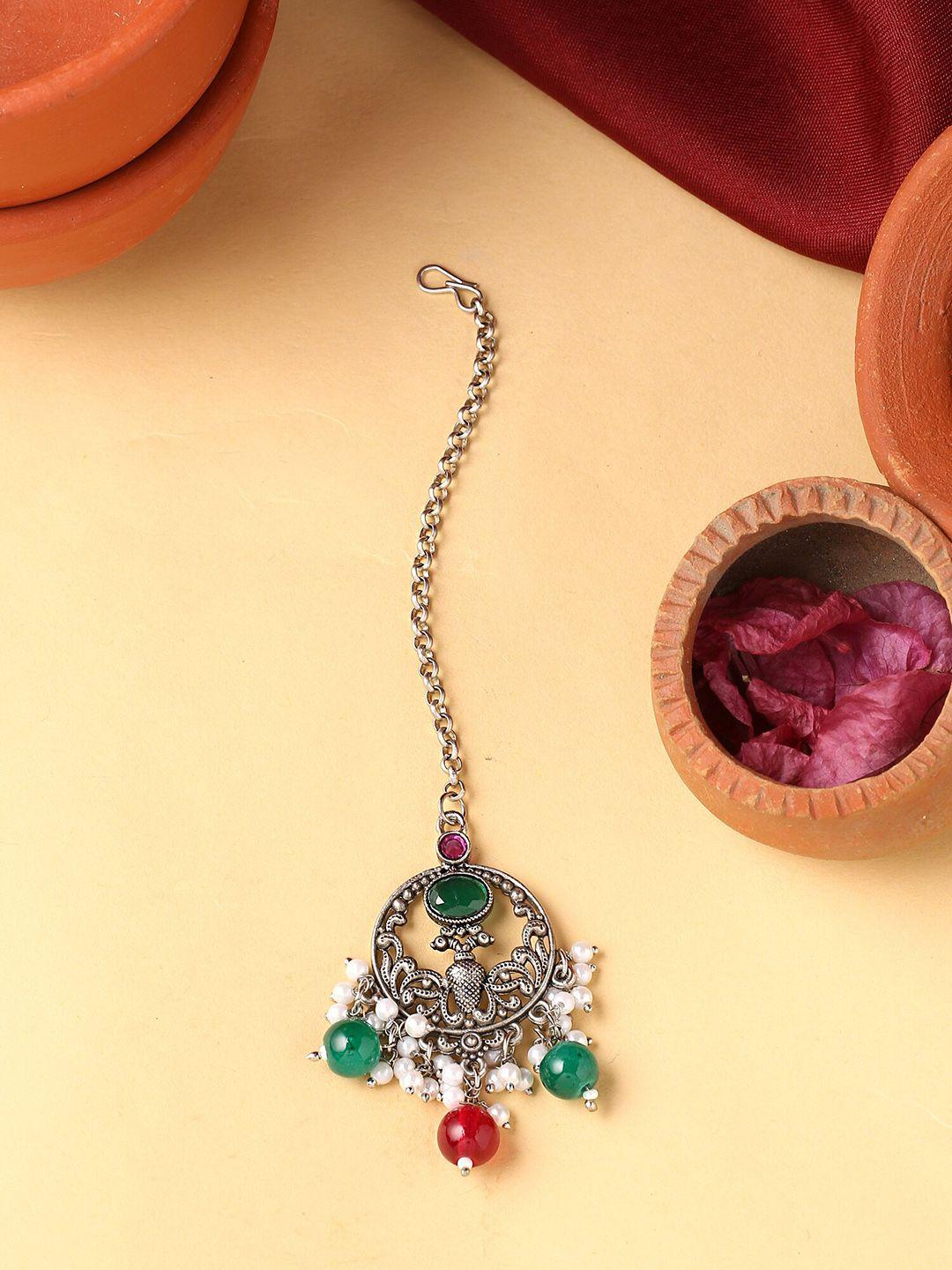 yellow chimes oxidised silver-plated white & green beaded peacock designed maangtikka