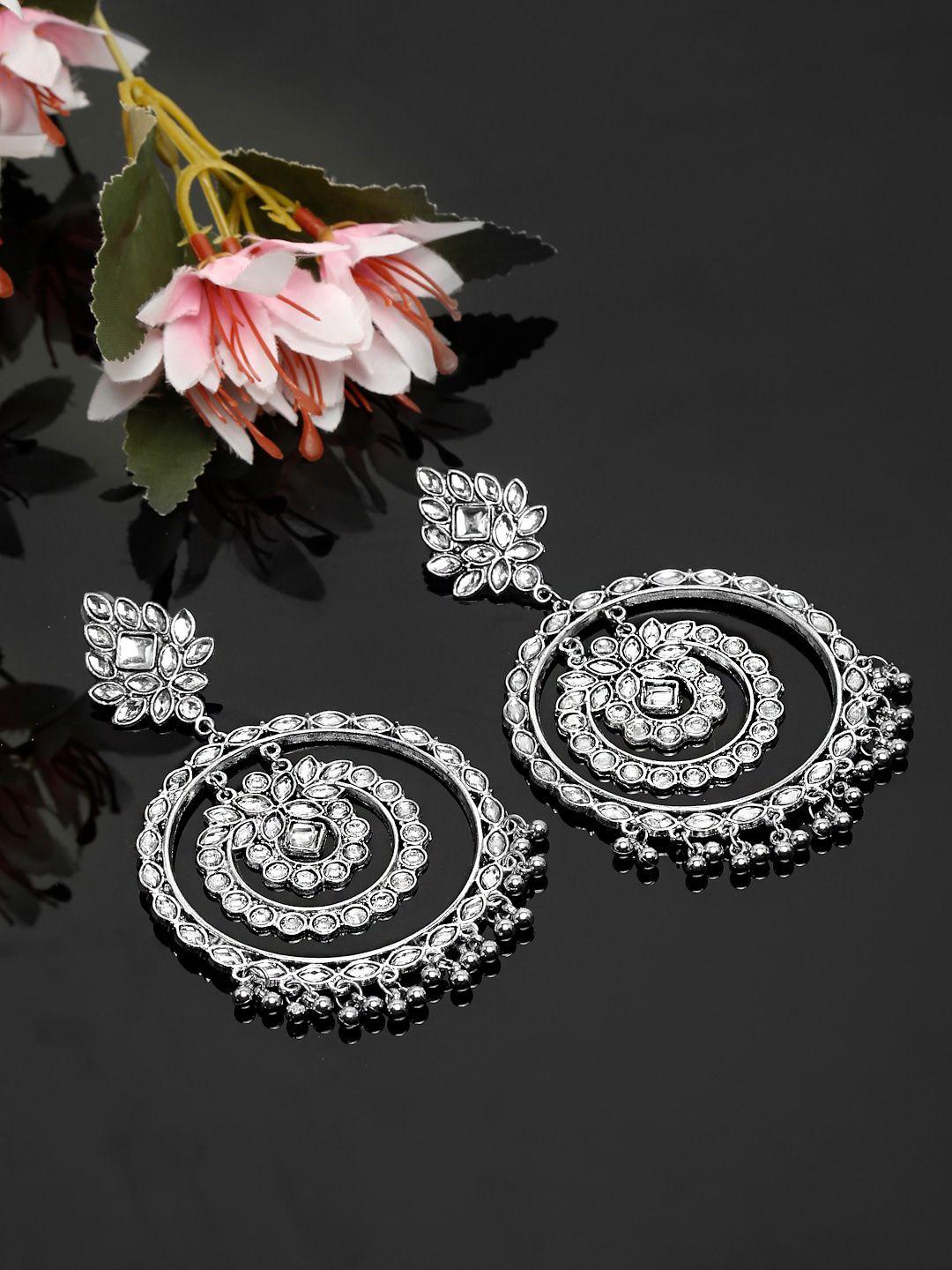 yellow chimes oxidised silver-toned contemporary chandbali earrings