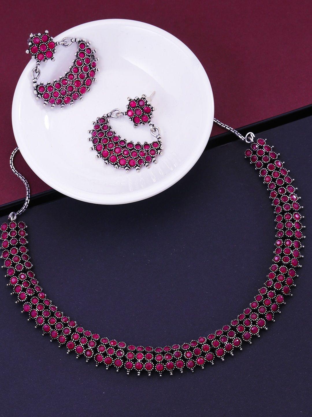 yellow chimes oxidized silver-plated & pink stone-studded beaded handcrafted jewellery set