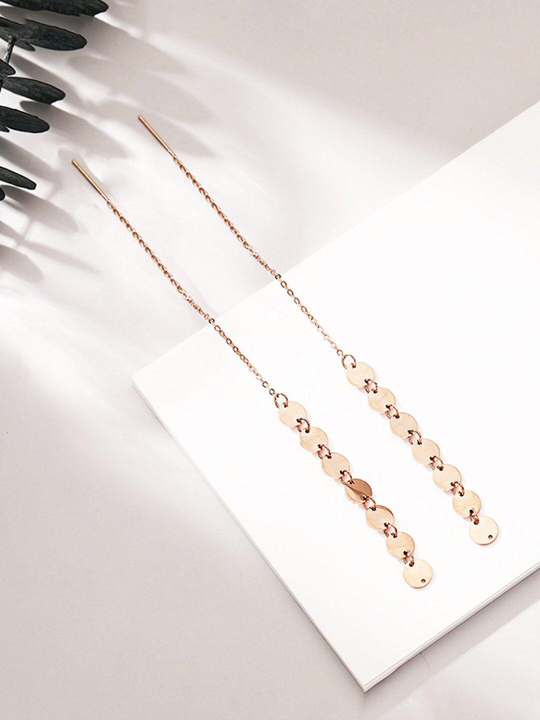 yellow chimes rose gold plated stainless steel long chain coin threader earrings