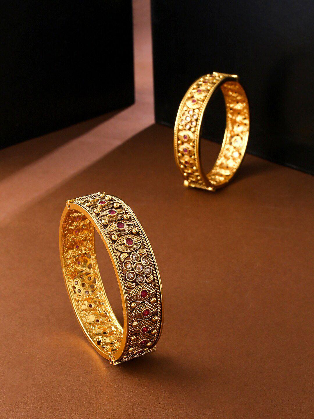 yellow chimes set of  2 gold-plated white and red crystal studded bangles