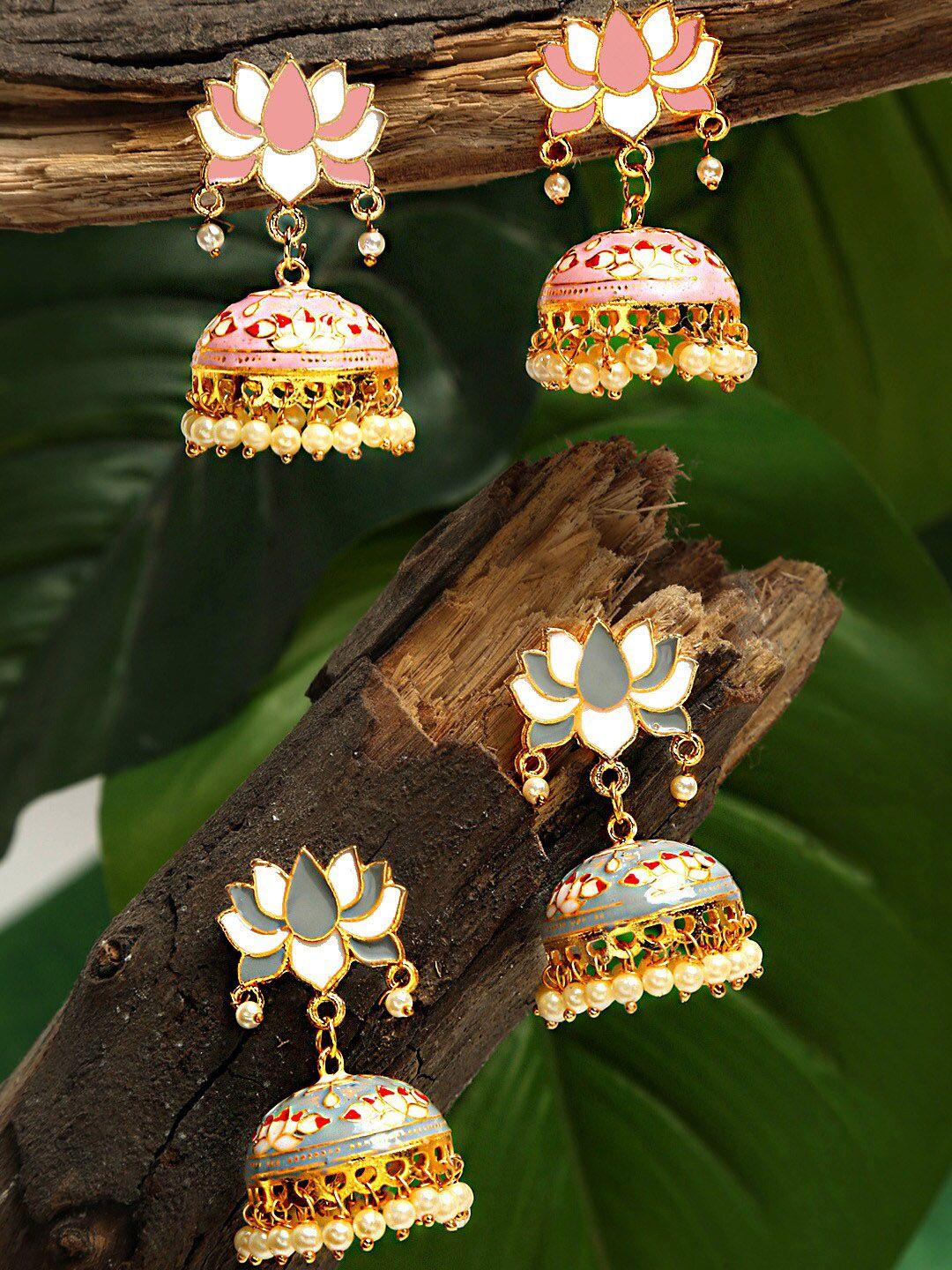 yellow chimes set of 2 gold-plated dome shaped meenakari jhumkas earrings