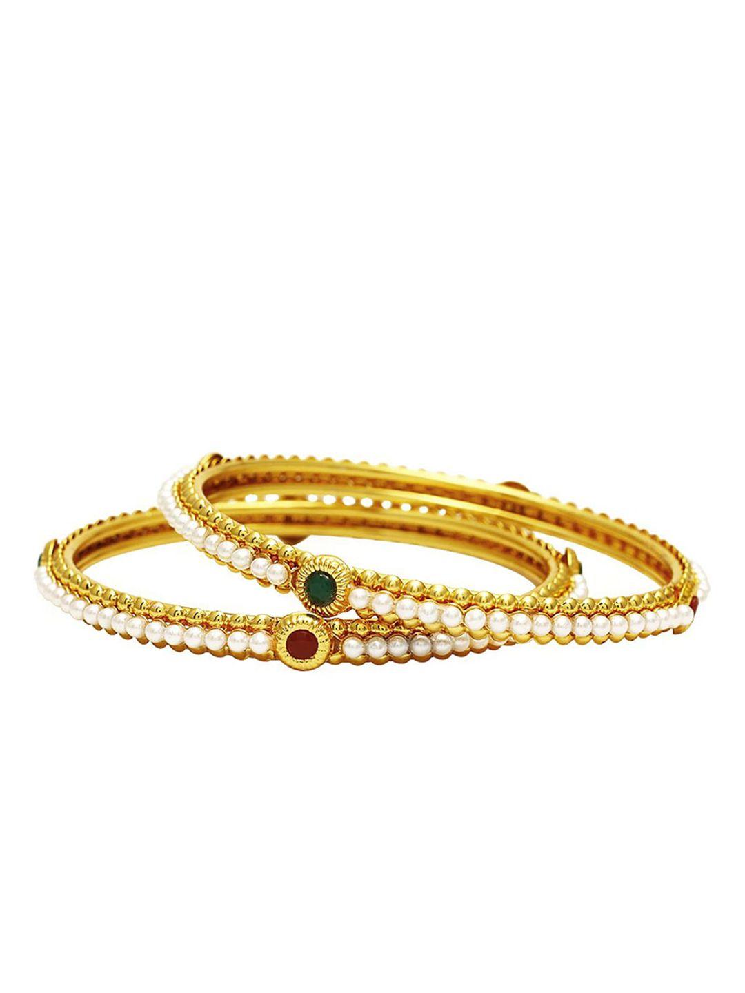 yellow chimes set of 2 gold-plated stone-studded & pearl beaded bangles