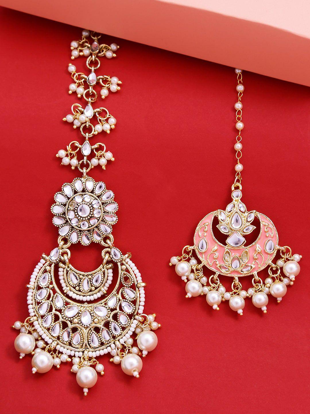 yellow chimes set of 2 gold-plated white kundan-studded & beaded maangtika