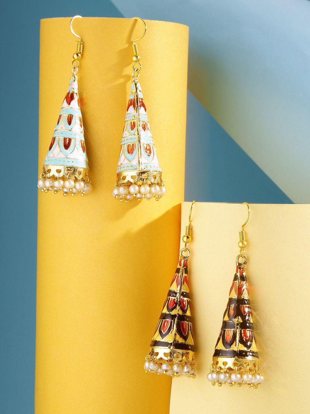 yellow chimes set of 2 multicolored meenakari drop oxidised earrings