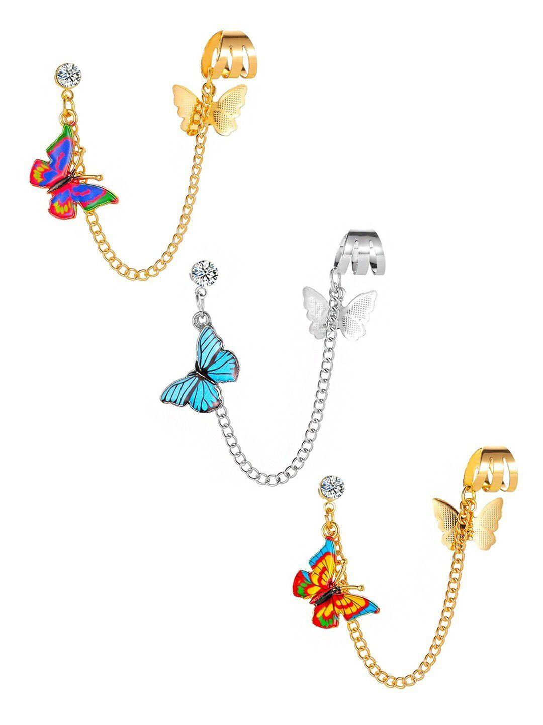 yellow chimes set of 3 multicoloured butterfly charm hanging ear cuff earrings