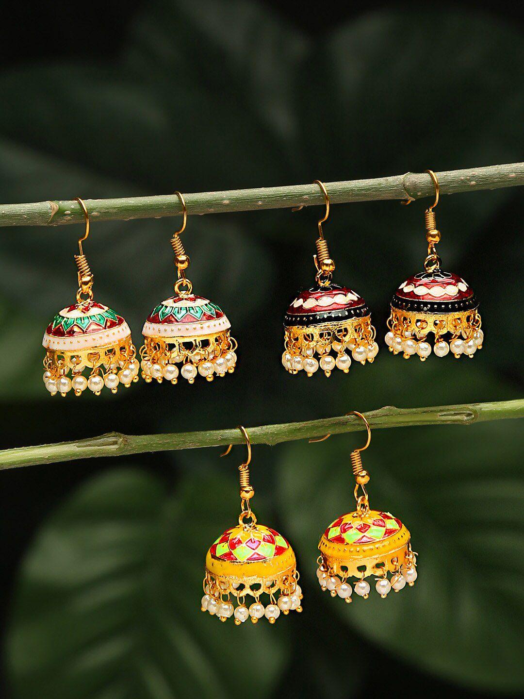 yellow chimes set of 3 pair gold-plated meenakari jhumkas earring