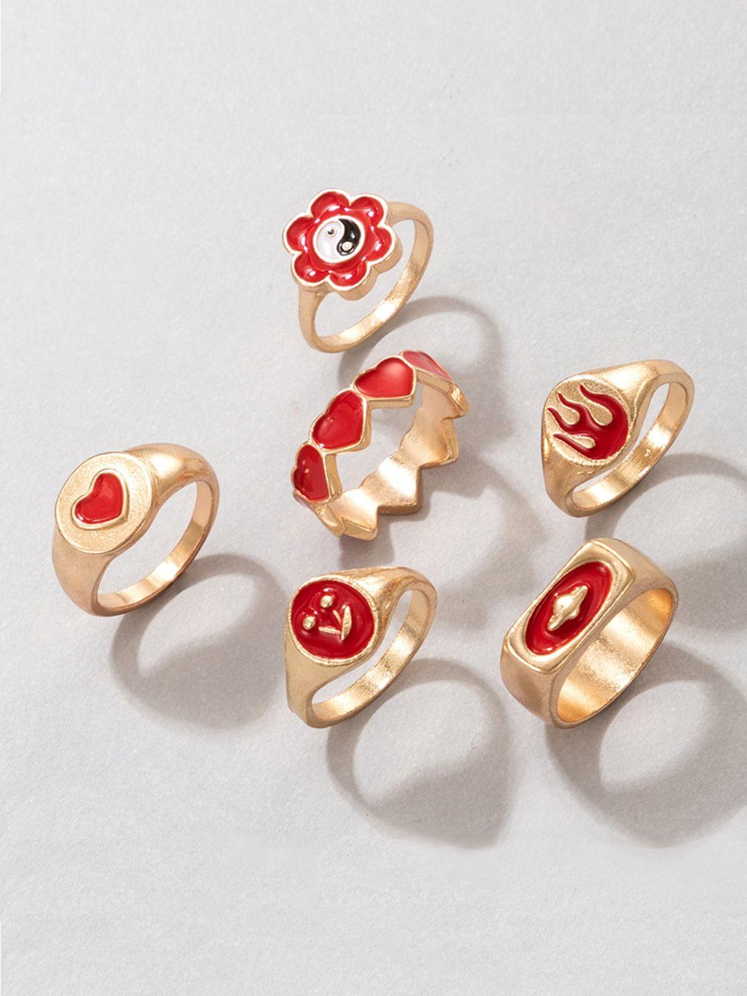 yellow chimes set of 6 gold-plated & red enamelled finger ring