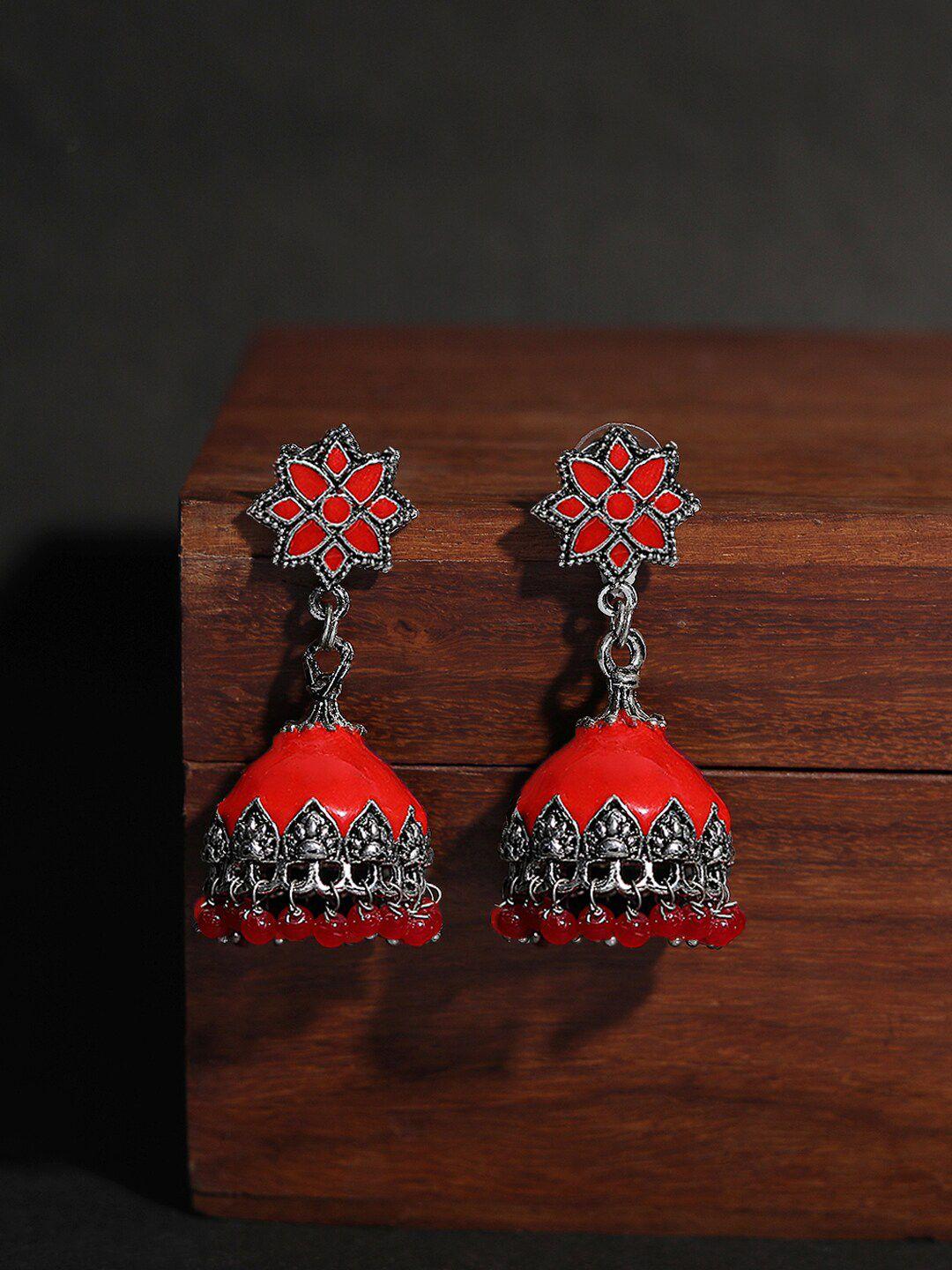 yellow chimes silver-toned & red classic jhumkas earrings