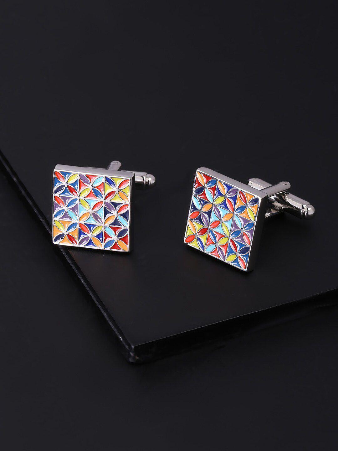 yellow chimes silver-toned & red square cufflinks