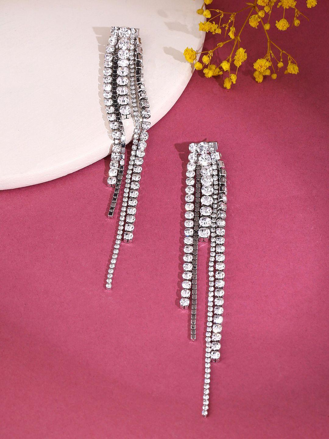 yellow chimes silver toned crystal studded dangler earrings