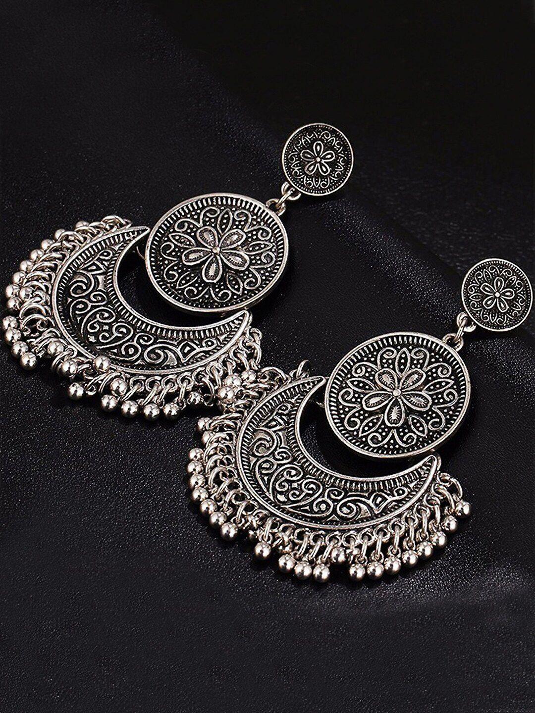 yellow chimes silver-toned oxidised chandbalis earrings