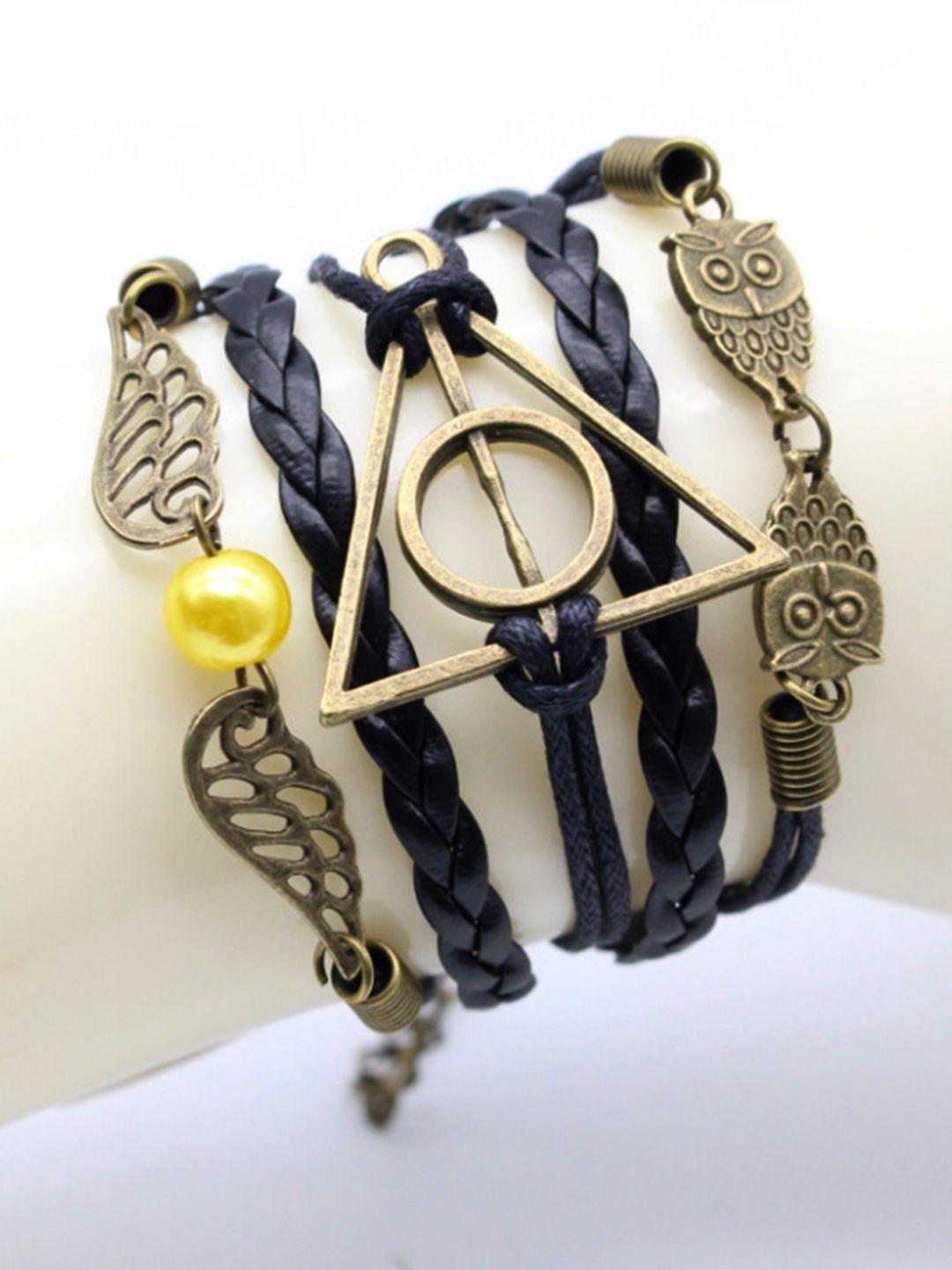 yellow chimes unisex black & gold-toned harry potter wraparound bracelet