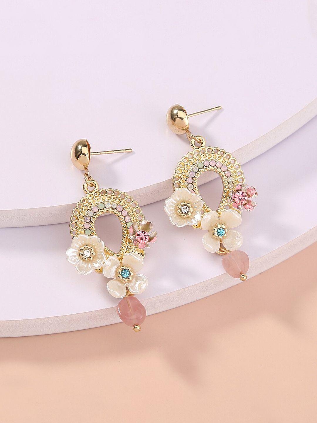 yellow chimes white & pink gold-plated crystals studded contemporary drop earrings