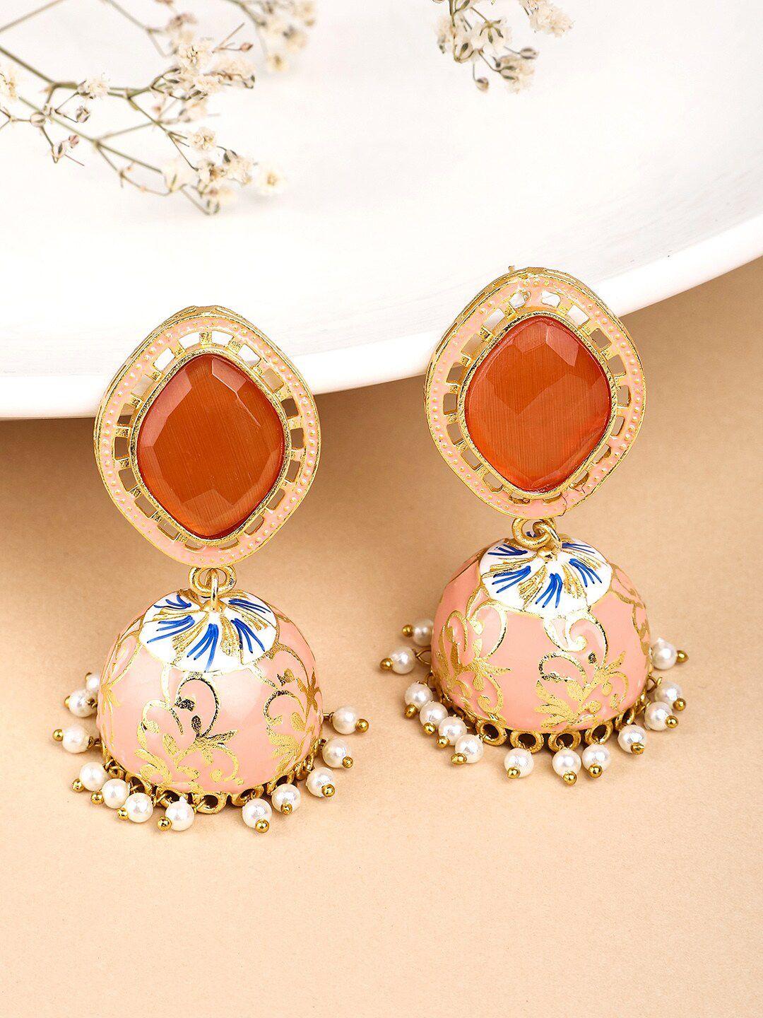 yellow chimes woman gold plated orange meenakari jhumkas earrings