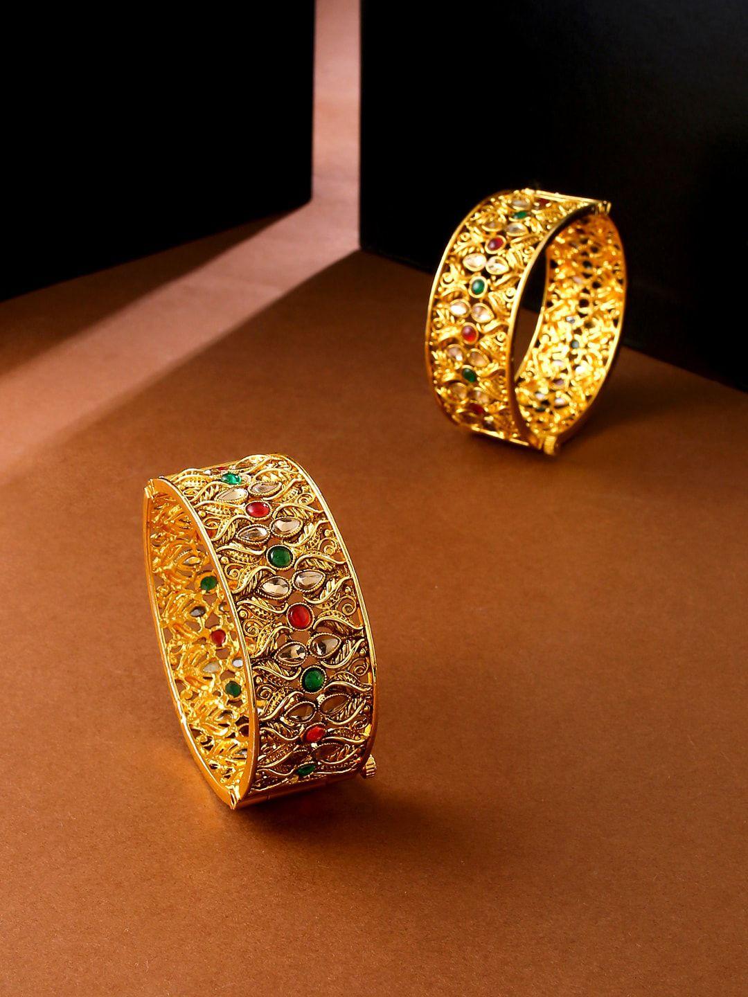 yellow chimes women  gold toned kundan multicolor stone studded bangles