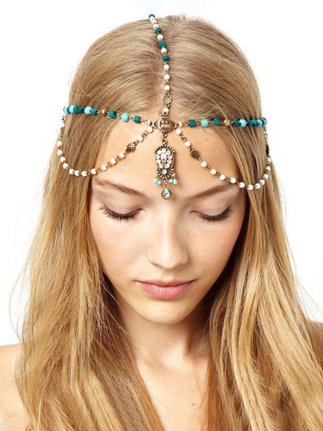 yellow chimes women blue & white bohemian crystal headband with wooden beads head chain