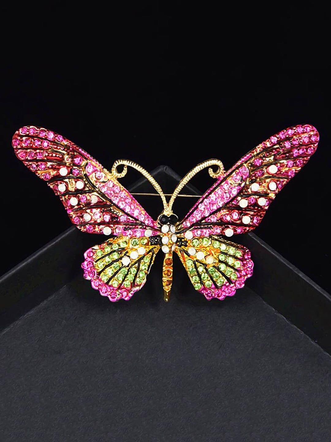 yellow chimes women gold-plated pink & green crystal butterfly shaped brooch pin