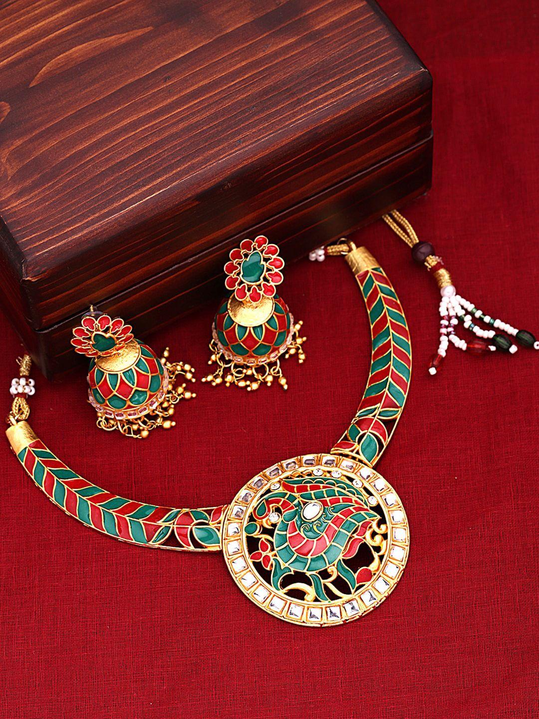 yellow chimes women green meenakari hand-painted gold-toned necklace set