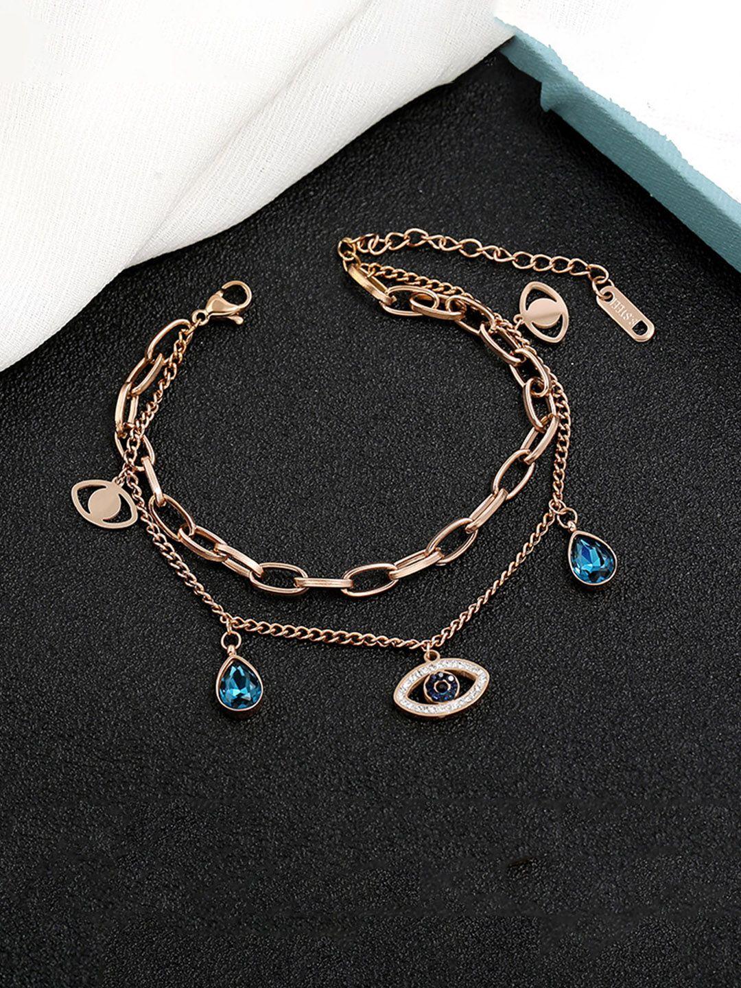 yellow chimes women rose gold crystal-studded evil eye link charm bracelet