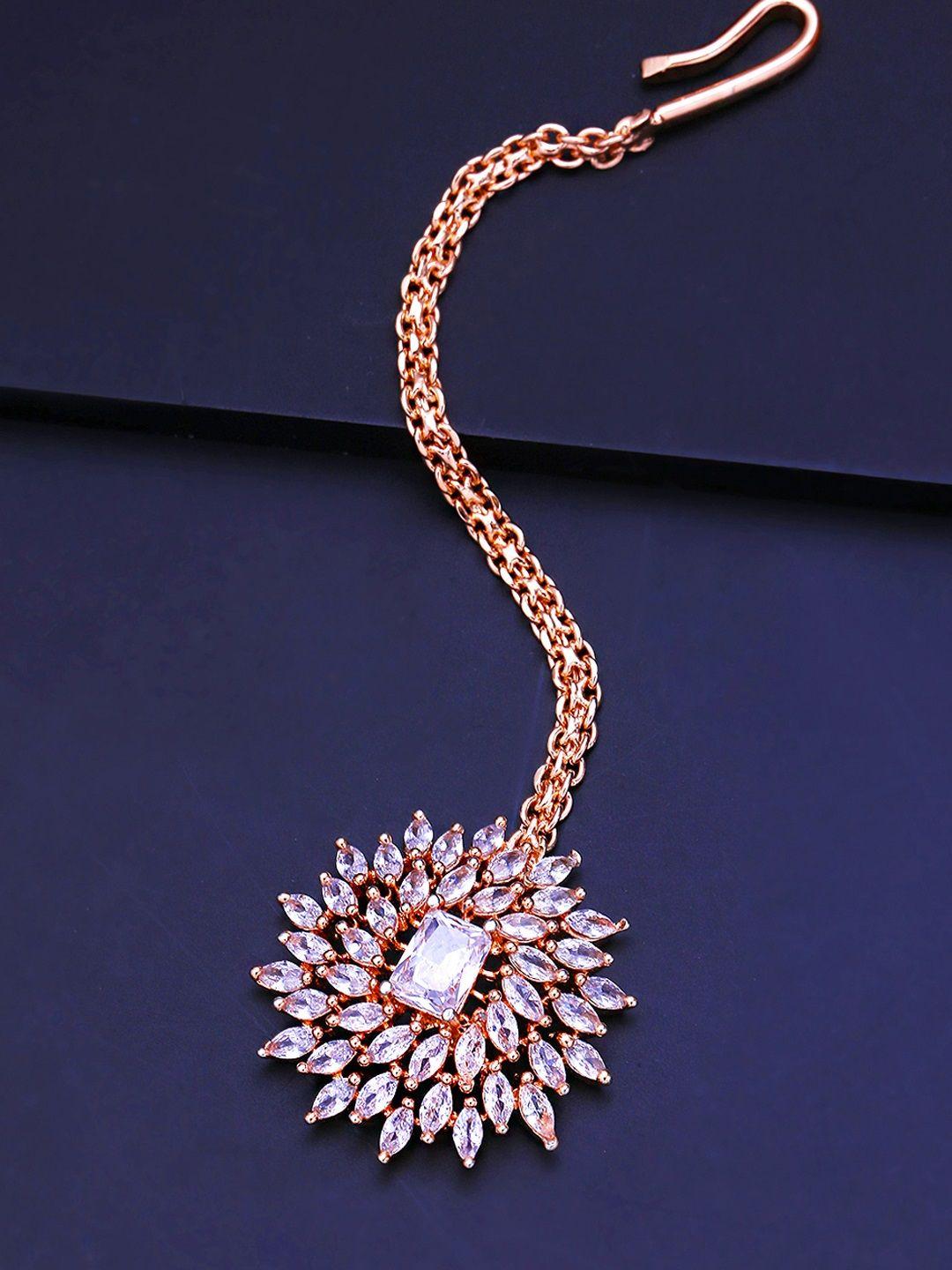 yellow chimes women rose gold toned american diamond studded handcrafted maang tikka