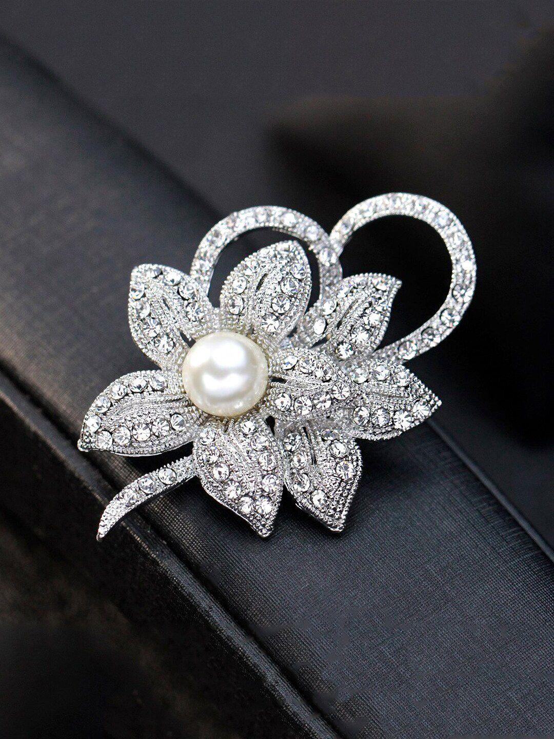 yellow chimes women silver-plated pearl & artificial crystal studded floral-shaped brooch