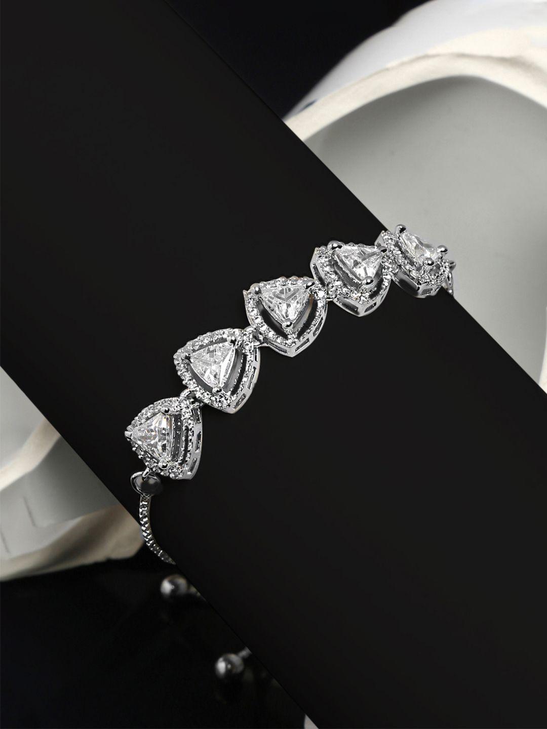 yellow chimes women silver-toned & white american diamond rhodium-plated wraparound bracelet