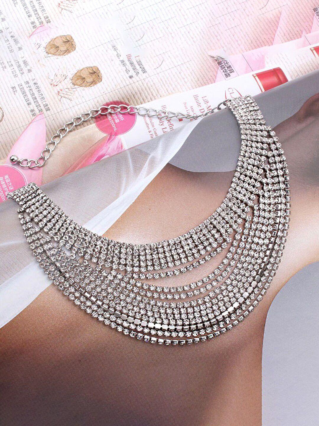 yellow chimes women silver-toned crystal studded multilayered glittering choker necklace