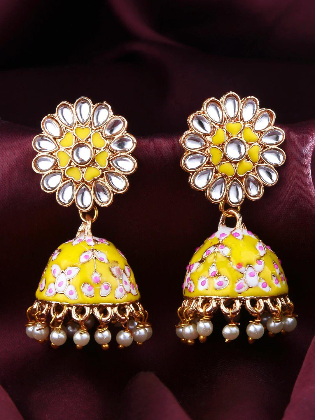 yellow chimes yellow meenakari kundan jhumka earring