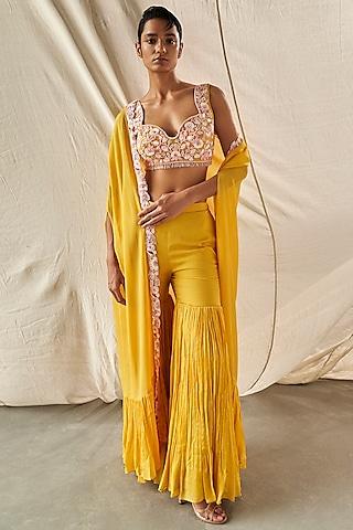 yellow chinon chiffon cape set