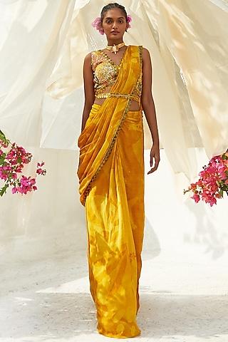 yellow chinon chiffon pre-draped saree set