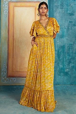 yellow chinon chiffon printed & embroidered gown