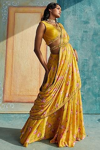yellow chinon chiffon printed draped saree set