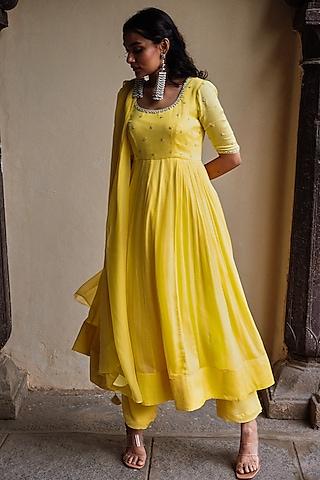 yellow chinon embroidered anarkali set