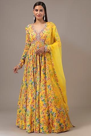 yellow chinon printed & sequins embroidered anarkali set
