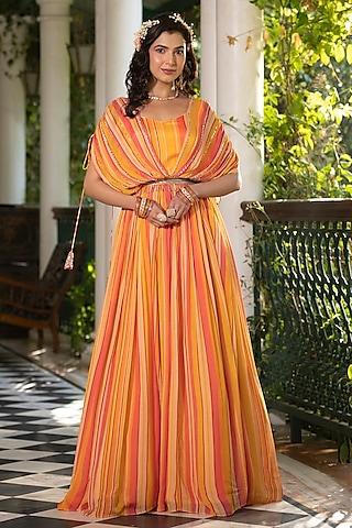 yellow chinon silk candy striped gown with belt